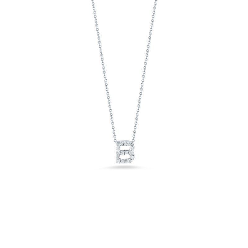 ROBERTO COIN 18K WHITE GOLD TINY TREASURES DIAMOND LOVE LETTER "B" NECKLACE. 