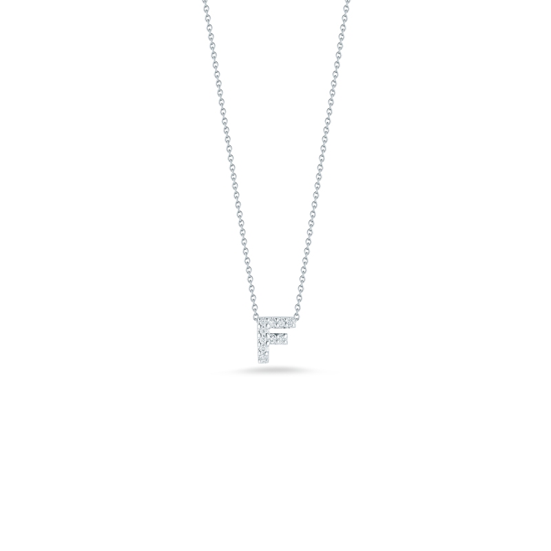 R.COIN 18K WHITE GOLD CHAIN /W BABY DIAMOND PENDANT LOVE LETTER "F" NECKLACE. 