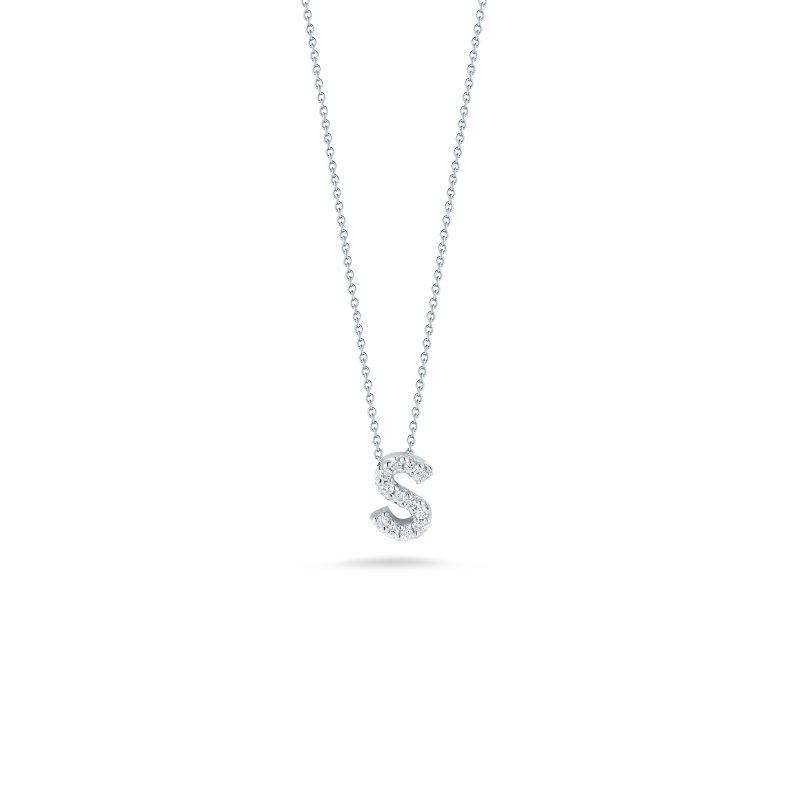 18K WHITE GOLD DIAMOND LOVE LETTER S NECKLACE. .05CT. 