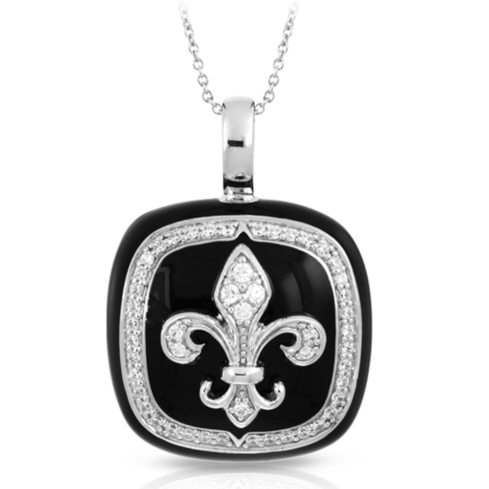 Fleur De Lis Collection In Sterling Silver Blk/En//White /Cz Pendant