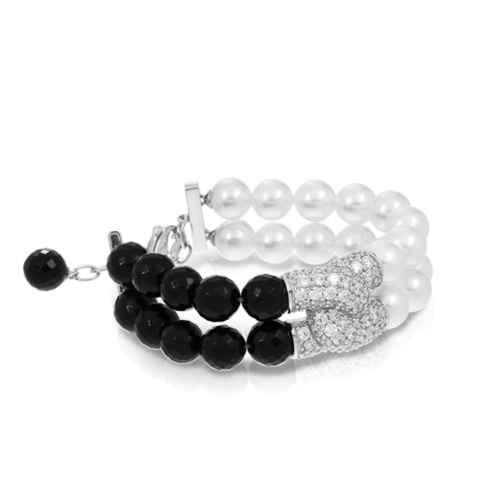 Prestige Collection In Sterling Silver Wht/ Pearl/Onyx/Wht/Cz Bracelet