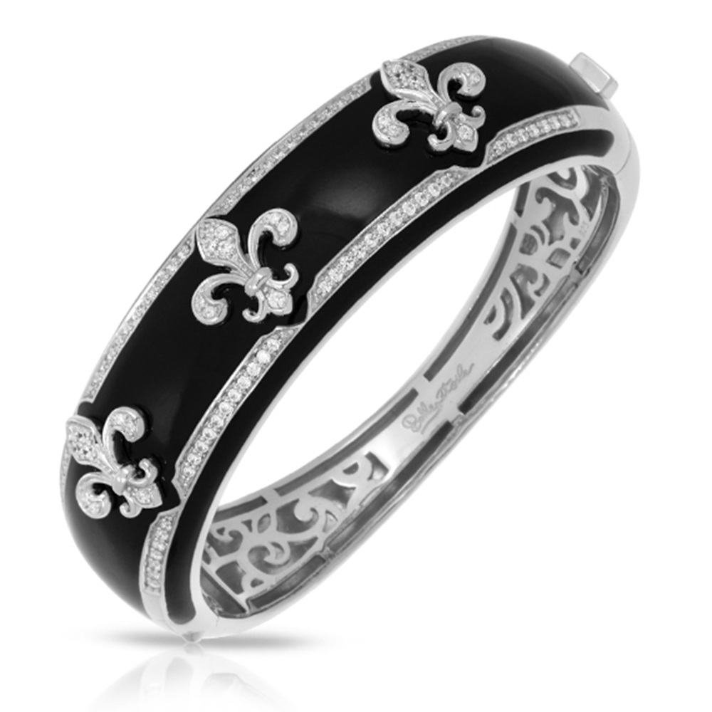 Fleur De Lis Collection In Sterling Silver Blk/En//White /Cz Bangle