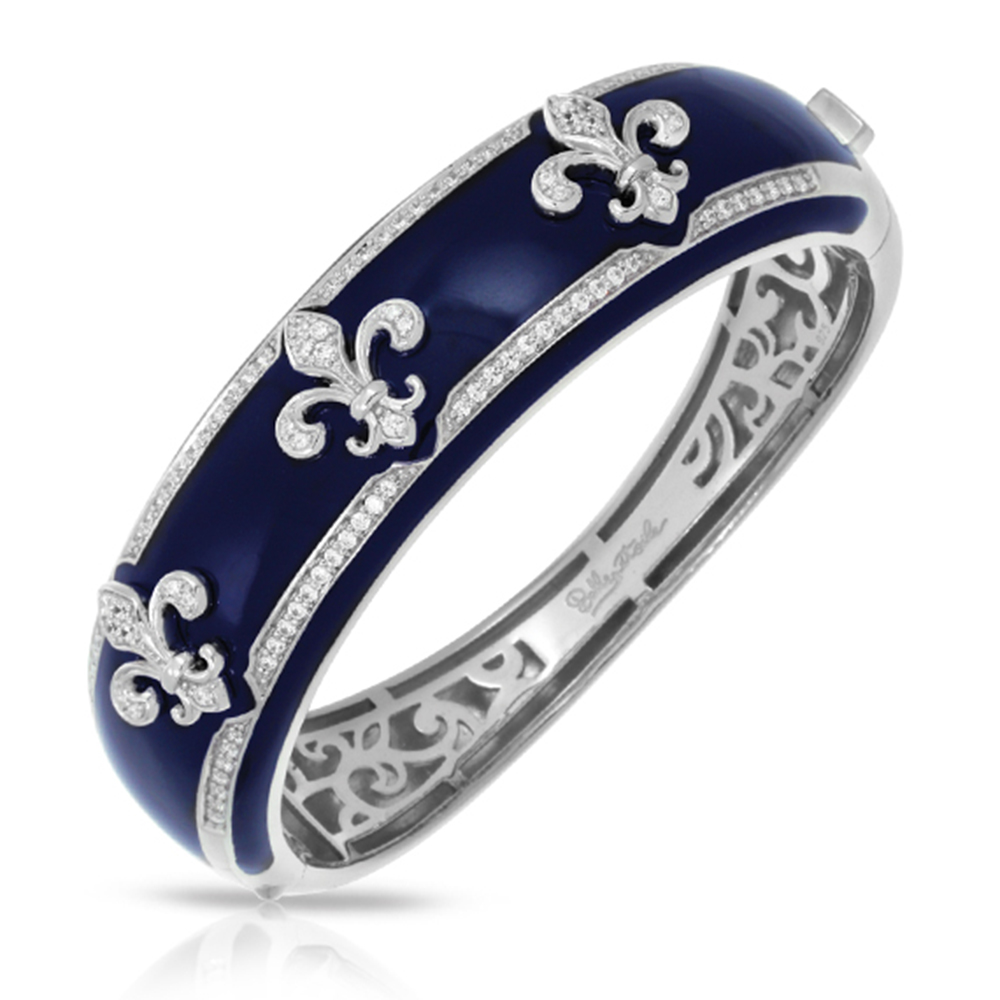 Fleur De Lis Collection In Sterling Silver Blue/En/White /Cz Bangle