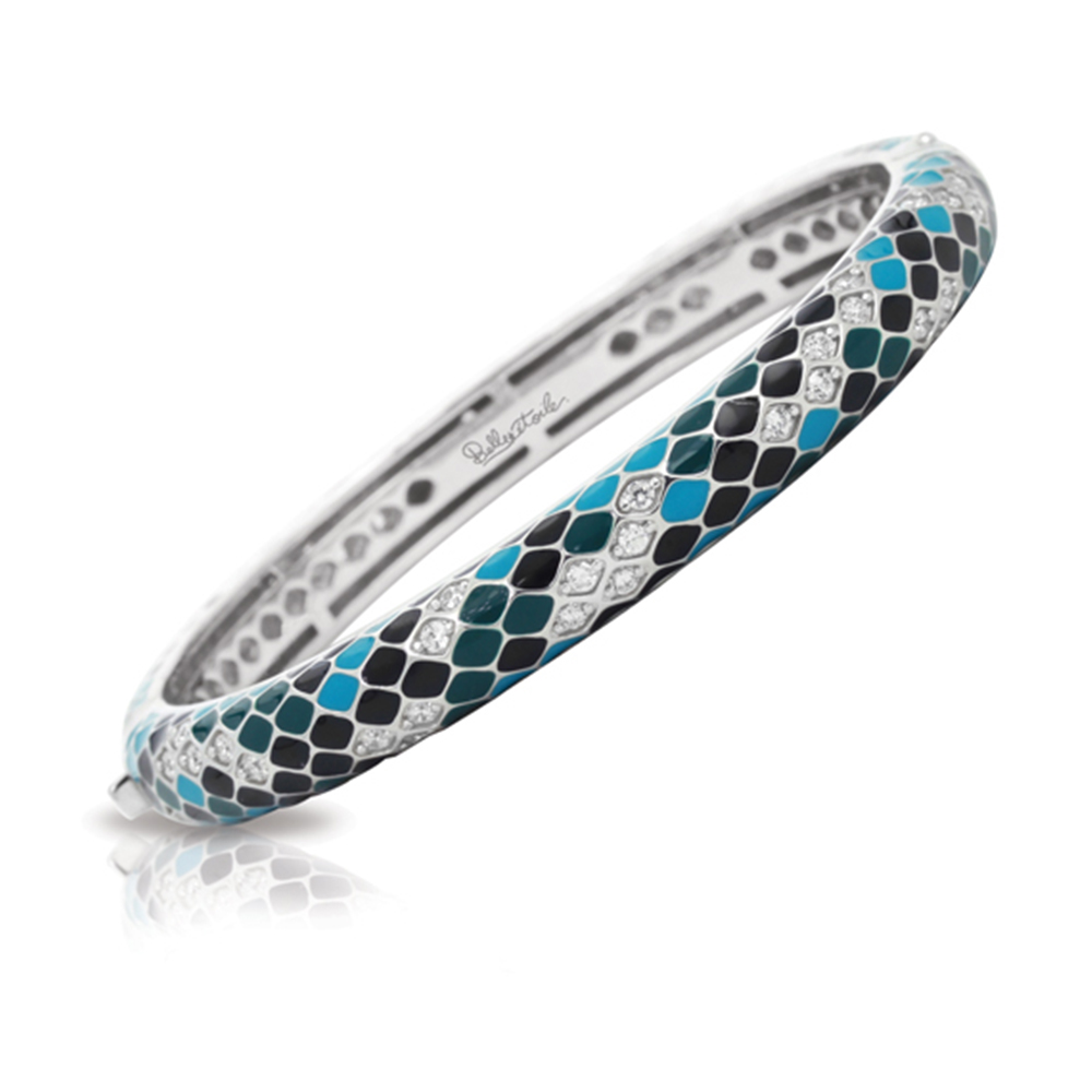 Snakeskin Collection In Stack Sterling Silver En_Teal/Cz_White Bangle