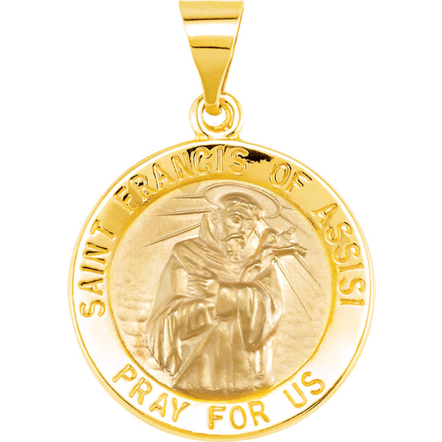 14K Yellow 15mm Round Hollow St. Francis of Assisi Medal