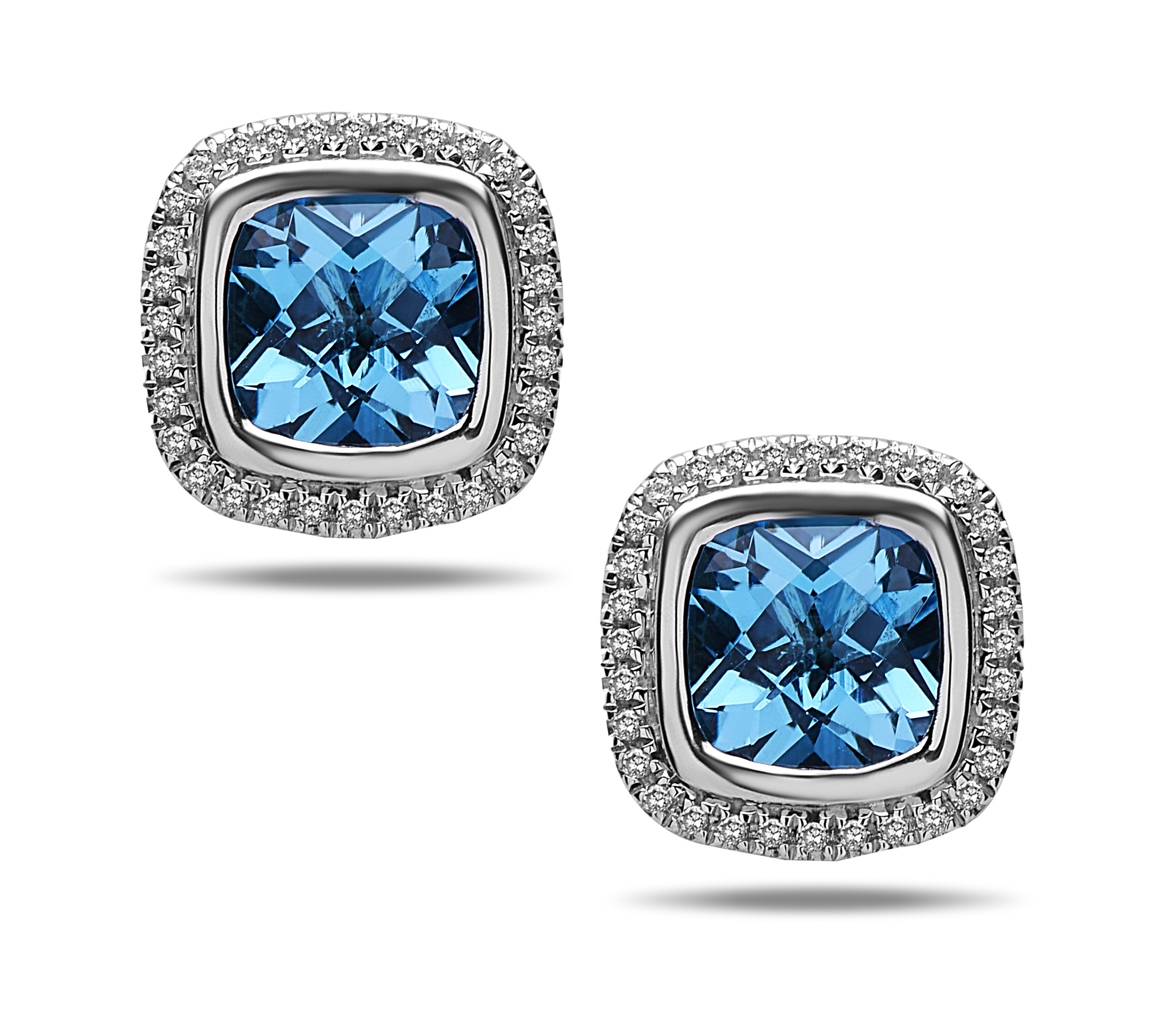 Sterling Silver & 14KW Earrings .25Ct Diamonds 2 7X7Mm Cushion Swisterling Silver Blue Topaz