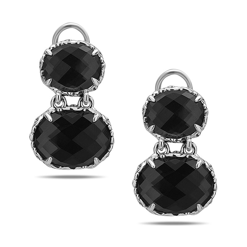 Sterling Silver & 14KW Earrings With 2 12X10Mm Oval Hematites And 2 16X12Mm Oval Hematites W/Wht Quartz Top