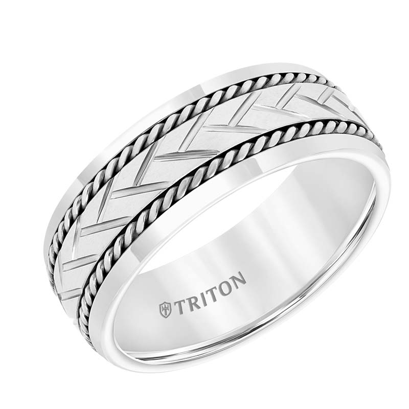White Tungsten Carbide Band with Woven Center, Sterling Silver Rope with  Brush Finish and Bright Rims