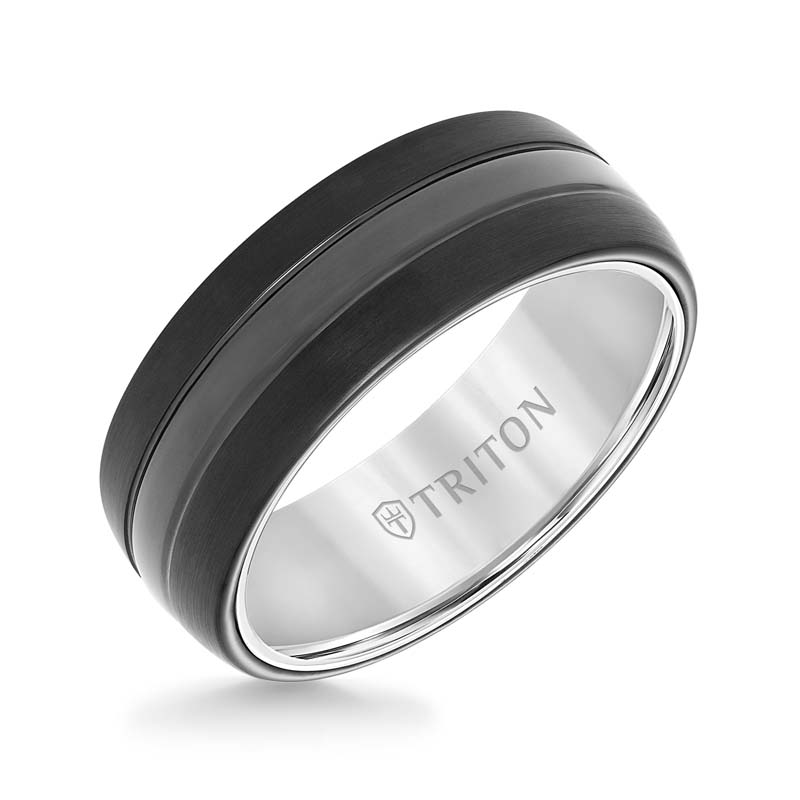 Black Tungsten Carbide Band with White Interior, Satin Finish & Bright Center