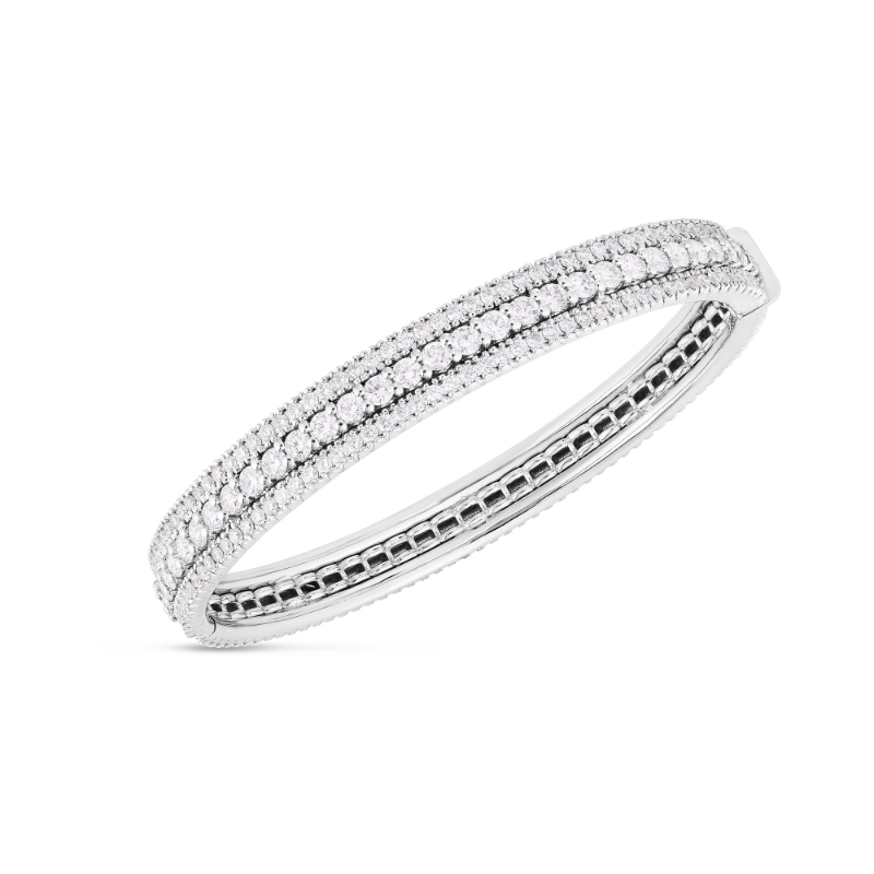 18K WHITE GOLD SIENA DIAMOND 3 ROWS BANGLE. 47X57MM, DIA-3.75CT