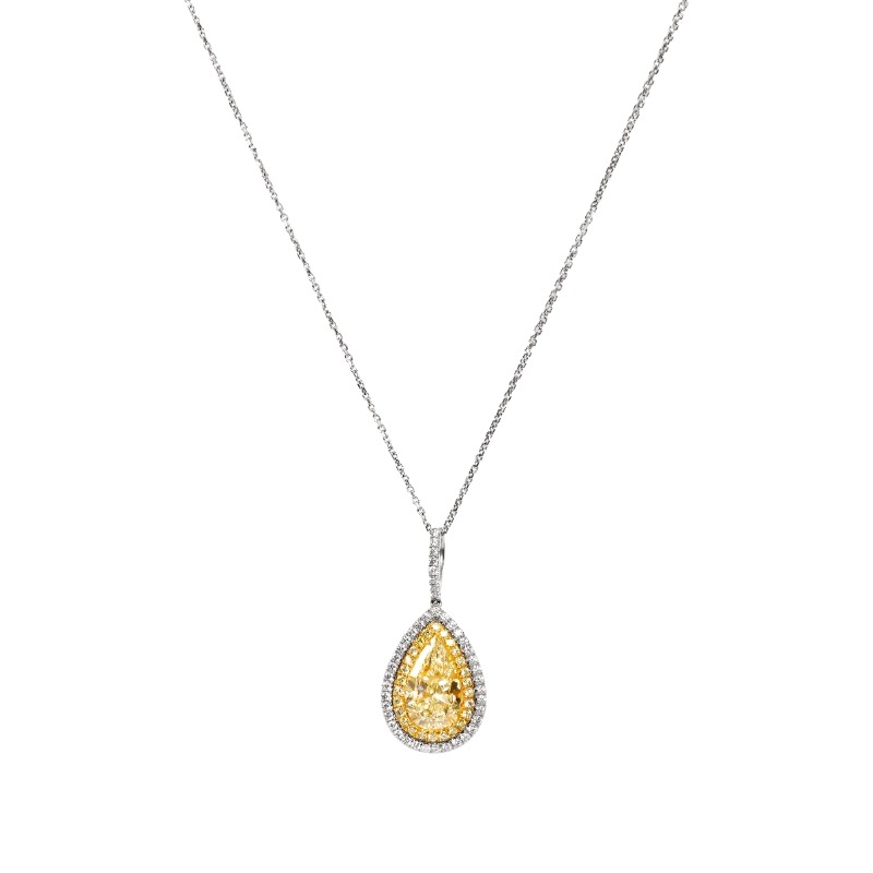 18k White Gold Yellow and White Diamond Necklace .79ctw pear shape. yellow diamond .11ctw F color white diamond
