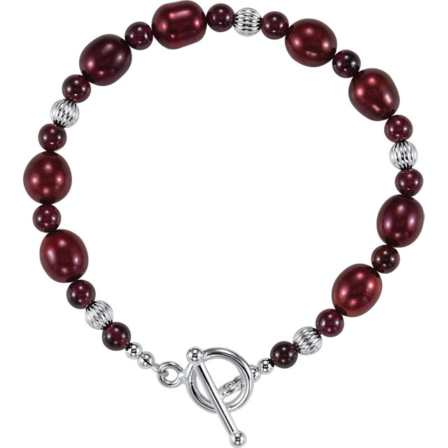 Sterling Silver Rhodolite Garnet & Freshwater Cultured Pearl 7.5" Bracelet