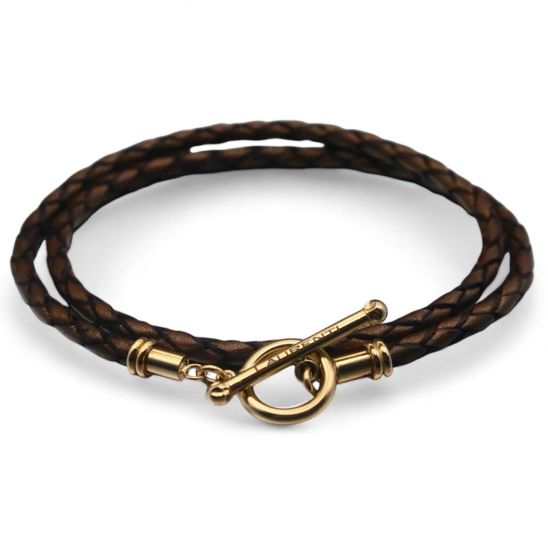 14k Yellow Gold Sophia Braided Leather Wrap Bracelet in Bronze. 