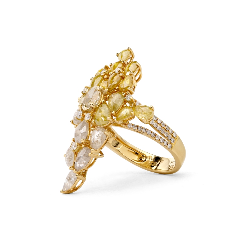 Laurenti 18k Yellow Gold Fancy Cocktail Ring Mixed color Diamonds. 