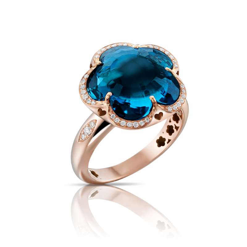 18K ROSE GOLD BON TON RING WITH LONDON BLUE TOPAZ AND DIAMONDS. 0.14CT, LBT-13.17