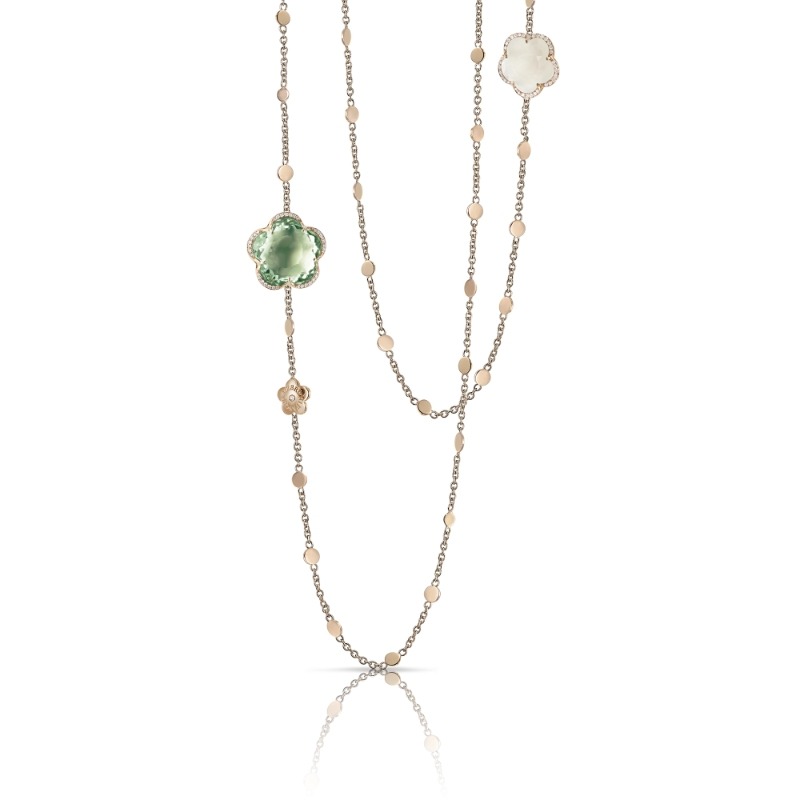 18K ROSE GOLD BON TON SAUTOIR WITH PRASIOLITE, MILKY QUARTZ, AND DIAMONDS. DIA-0.18