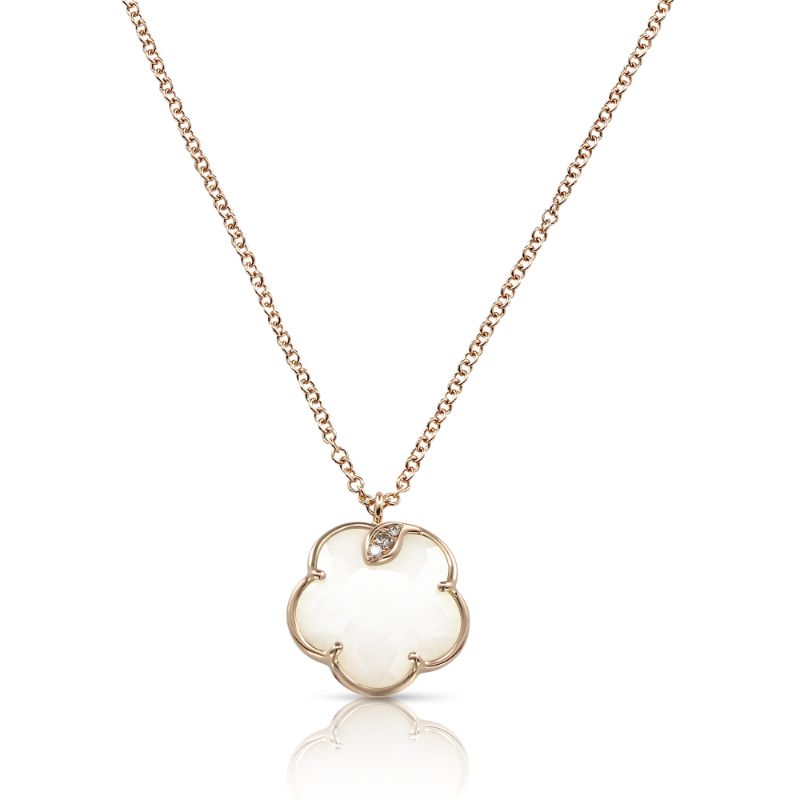 18K Rose Gold Petit Joli Necklace with White Agate and Diamonds. .04 CTW DIA, 3.61 White Agate