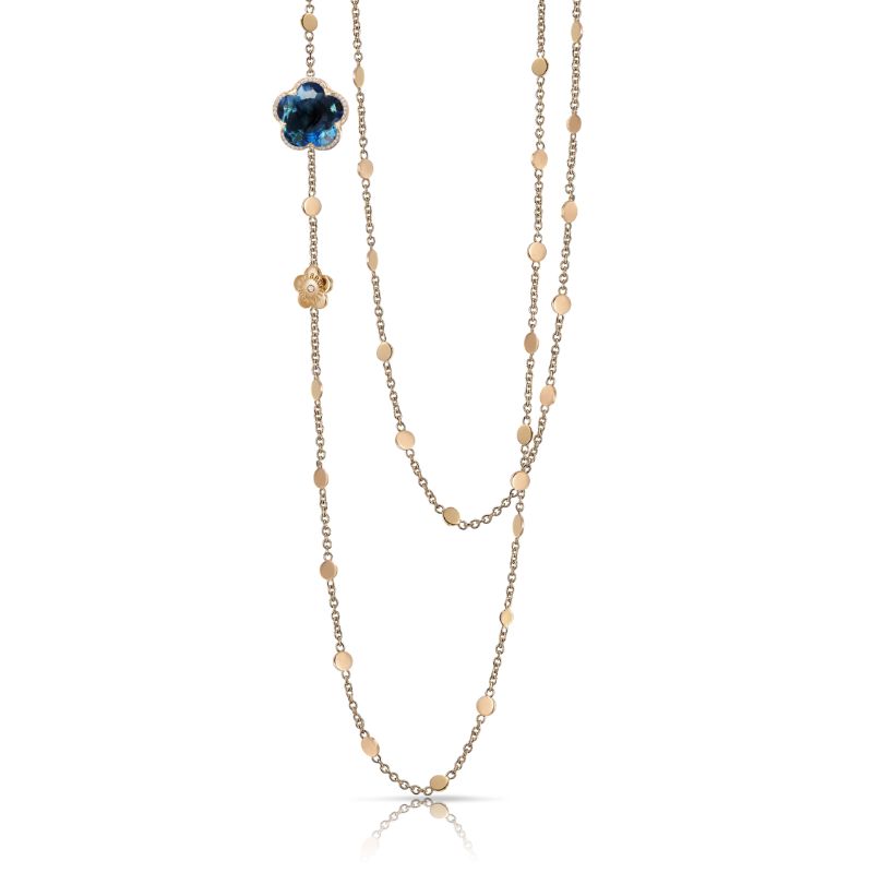 18K ROSE GOLD BON TON NECKLACE WITH LONDON BLUE TOPAZ AND DIAMONDS. 10.10G GOLD, .09CT DIAMOND, 12.80 LBT