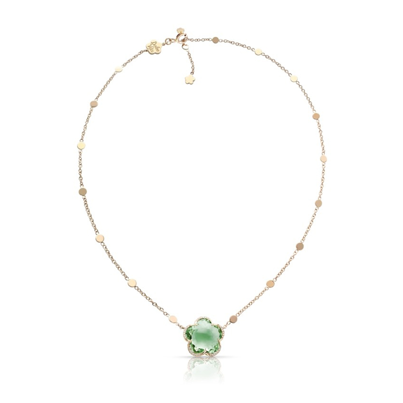 18K ROSE GOLD DIAMOND BON TON NECKLACE WITH PRASIOLITE AND DIAMONDS. DIA-0.09, PRAS-9.37, GLD-5.83