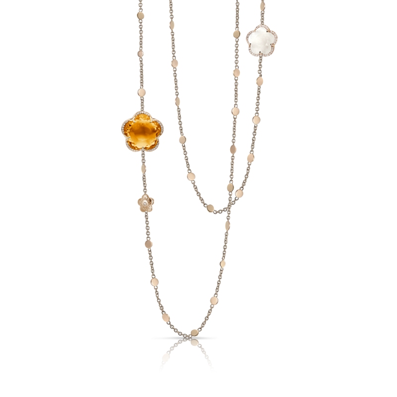PASQUALE BRUNI 18K ROSE GOLD DIAMOND CITRIN & WHITE QUARTZ STONE NECKLACE. 0.17CT-DIA 15.08