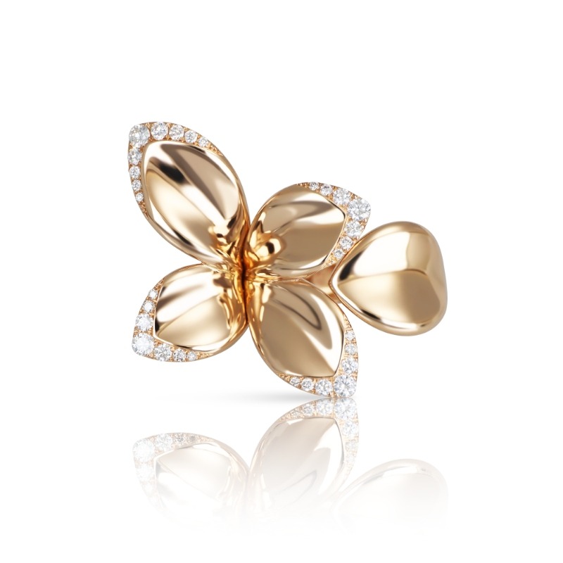 18K ROSE GOLD GIARDINI SEGRETI FIVE LEAVES SM FLOWER RING W/DIAMONDS (SIZE 12). DIA-0.50, GLD
