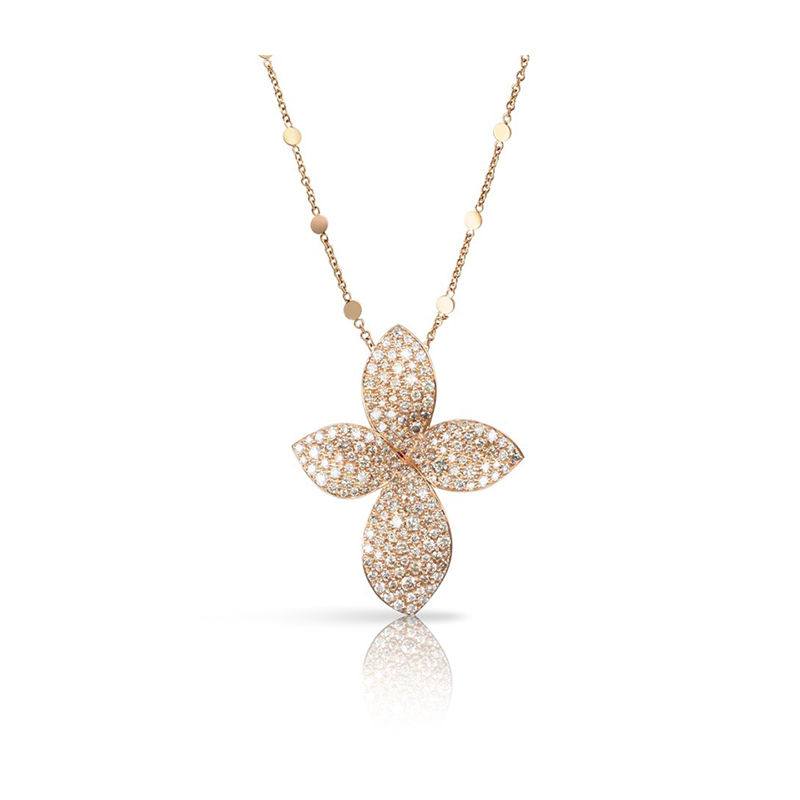 18K ROSE GOLD GIARDINI SEGRETI SMALL FLOWER NECKLACE WITH WHITE/CHAMP DIAMONDS. DIA-1.51 GLD-7.64