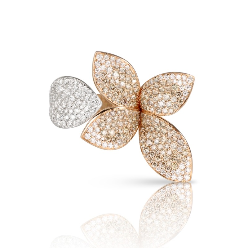 18K ROSE & WHITE GOLD GIARDINI SEGRETI FIVE LEAVES MEDIUM FLOWER RING W/DIAMONDS. 3.01CT