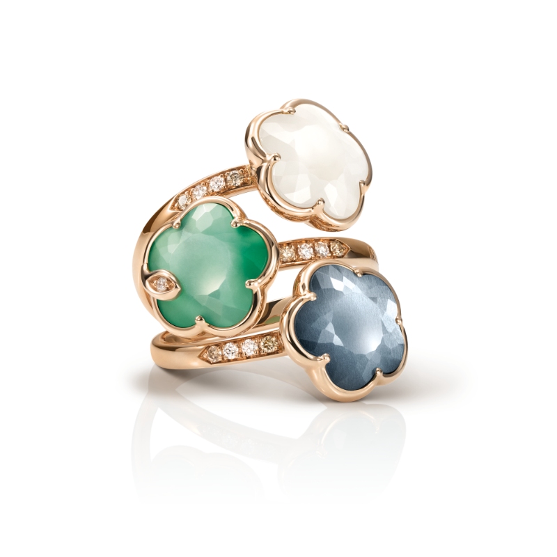 Petit Joli Ring in 18K Rose Gold with Diamonds and Colored Gem Flowers. 