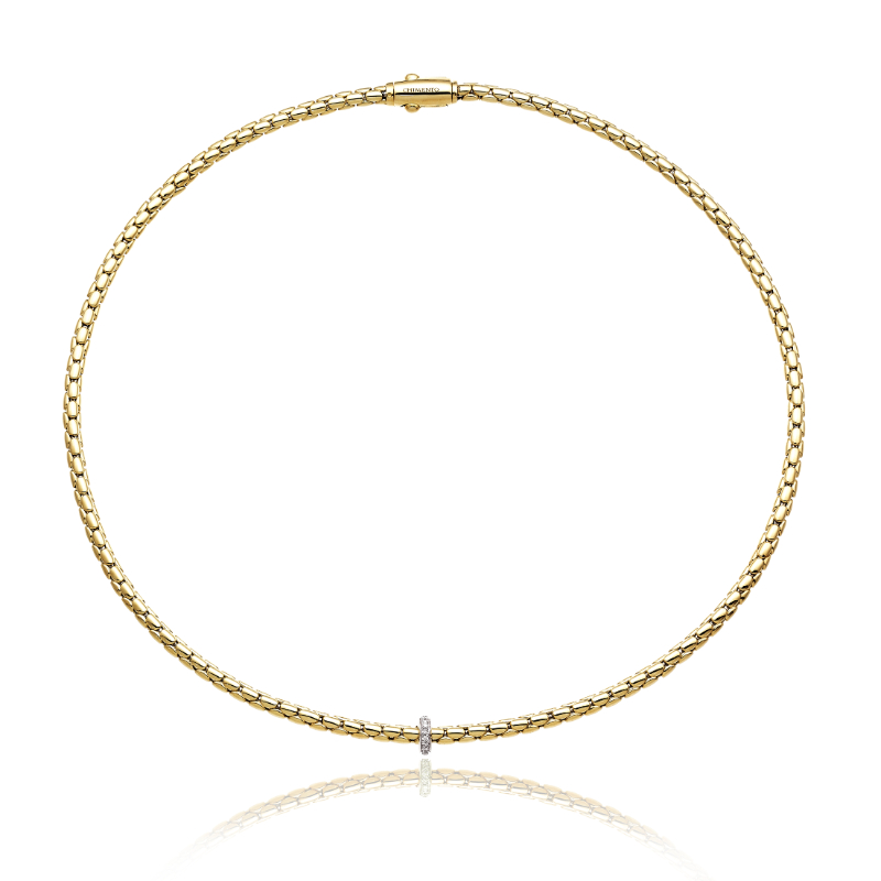 18K YELLOW GOLD STRETCH SPRING NECKLACE WITH DIAMOND RING.