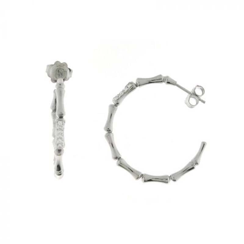 18K White Gold Bamboo Medium Hoop Earrings with Accent Diamonds. .23PTS