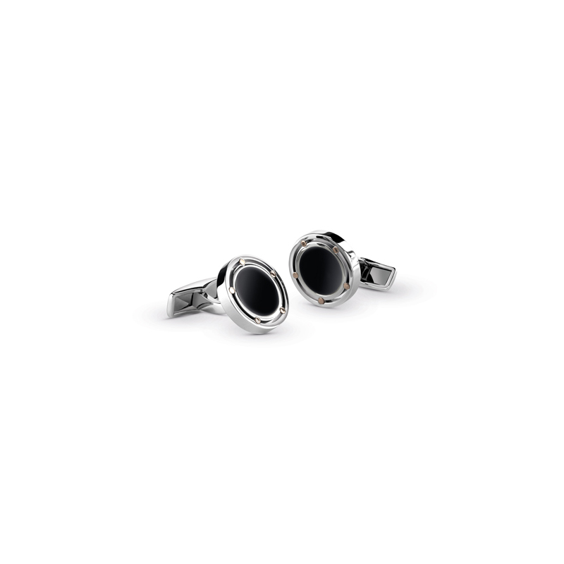 DAMIANI D-SIDE STEEL AND PINK GOLD DOTS BLACK ONYX CUFFLINKS. 