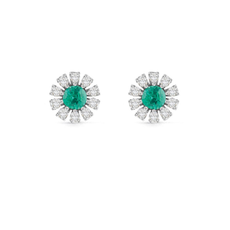 DAMIANI 18K WHITE GOLD DIAMOND AND EMERALD STUD EARRINGS  0.1500, EMERALD-0.160. 