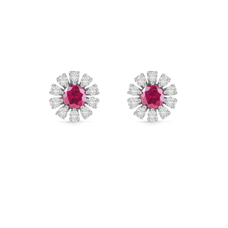 Damiani 18K White Gold Margherita Diamond and Ruby Flower Studs. 
