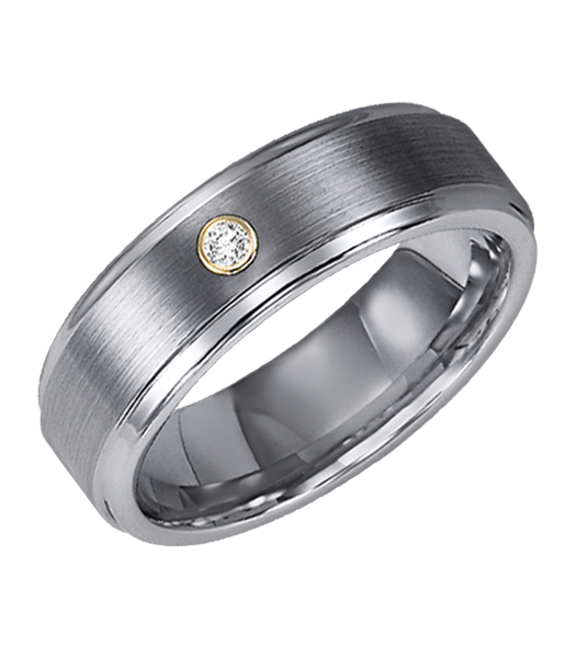 White Tungsten carbide Step Edge satin finish comfort fit band with 18k White Gold Bezel set diamonds