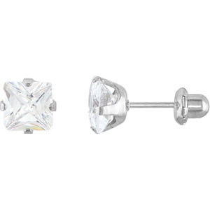 Stainless Steel 7mm Square Cubic Zirconia Piercing Earrings
