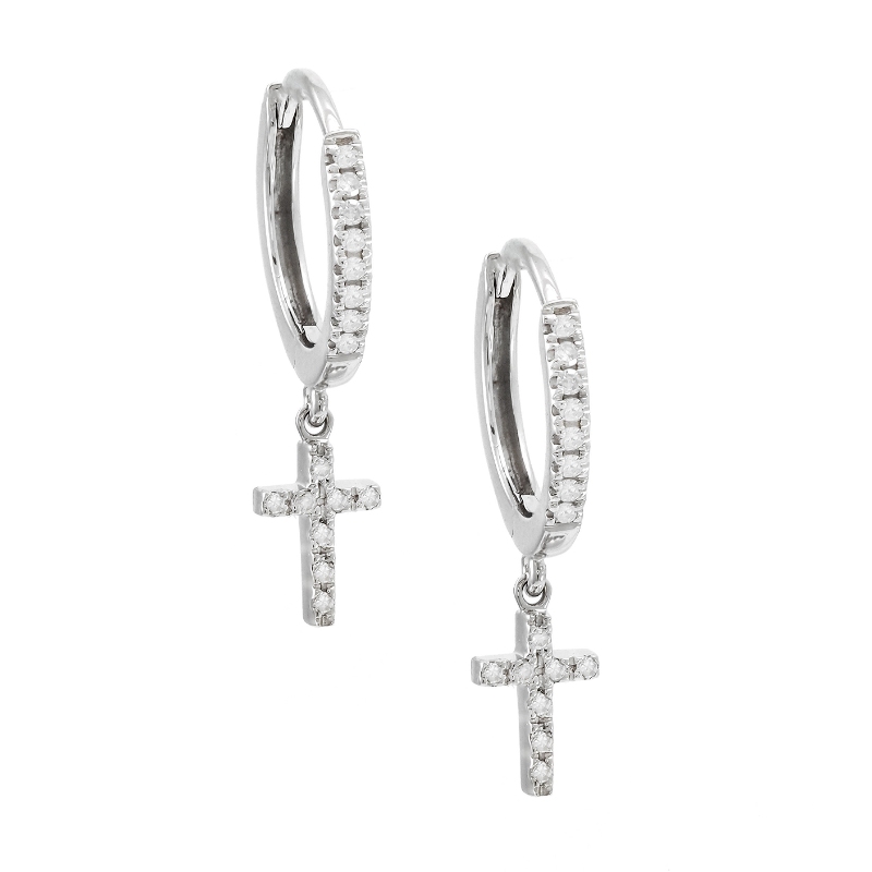 MINI DIAMOND HOOP EARRING W/ CROSS CHARM (14KWG)