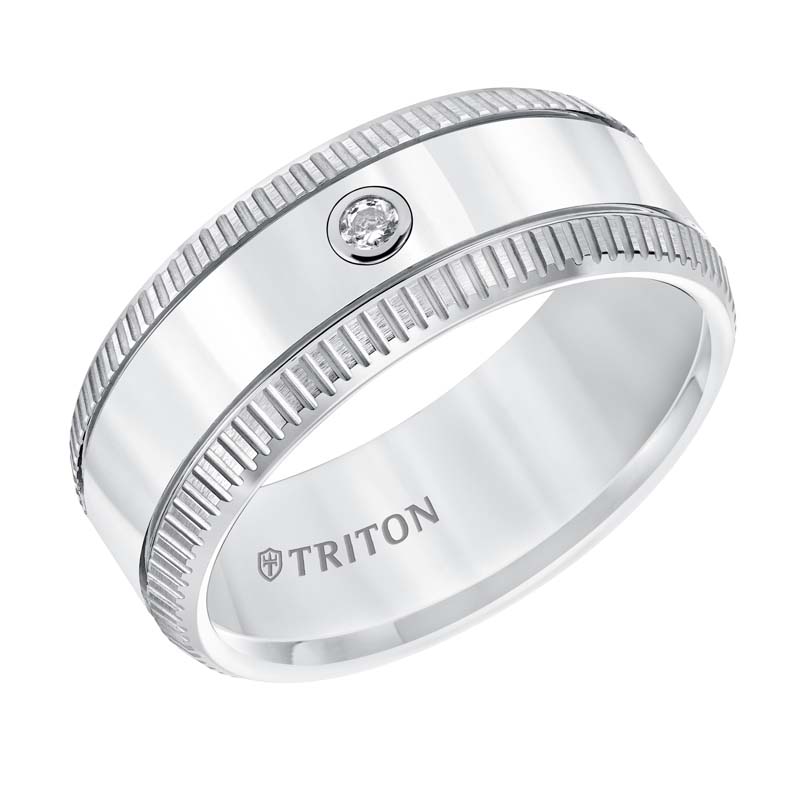 White Tungsten Carbide Comfort Fit Band with Solitaire Diamond & Bright Polish & Lathe Satin Center