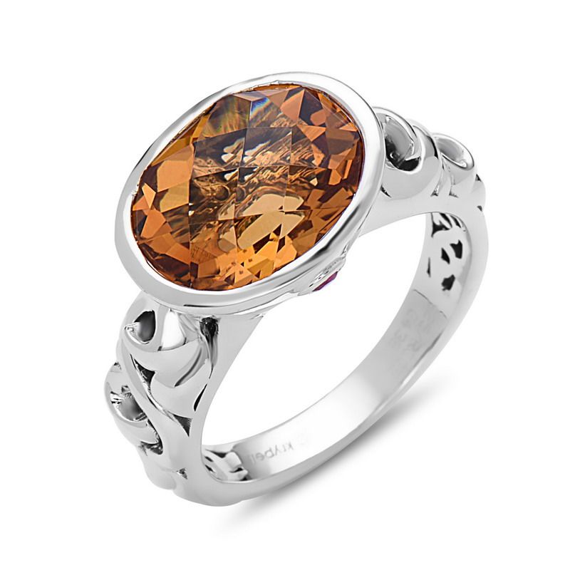 Sterling Silver Ring With 2 Rubies Bezel Set 1 12X10Mm Oval Citrine