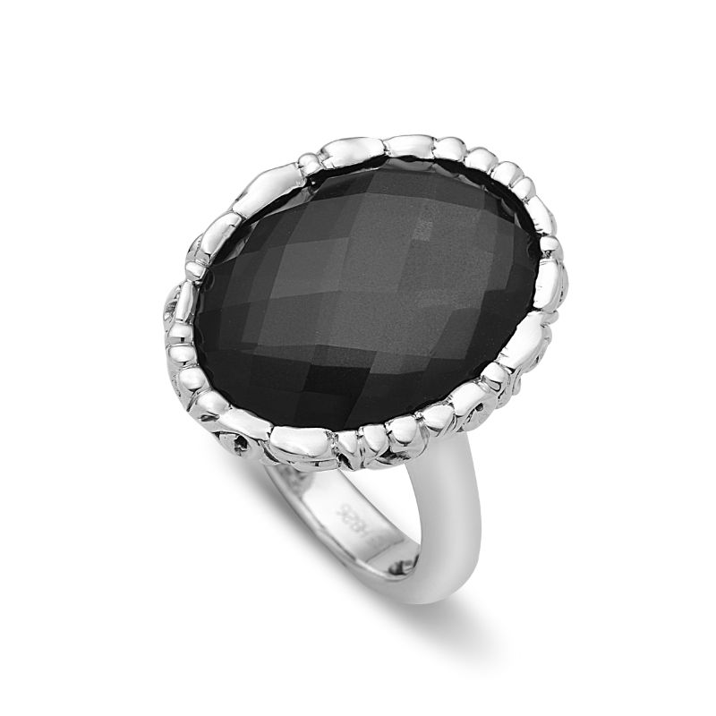 Silver Ring W/1 18X13Mm Oval Hematite W A Wht Topaz Top