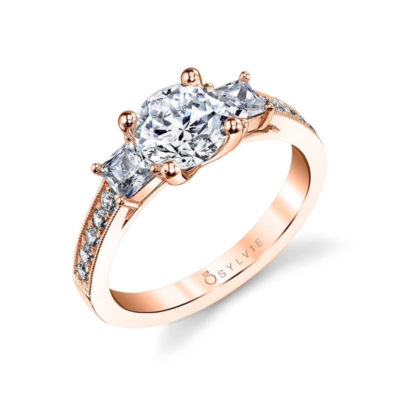 Round Cut Three Stone Engagement Ring with Princess Side Stones - Eva