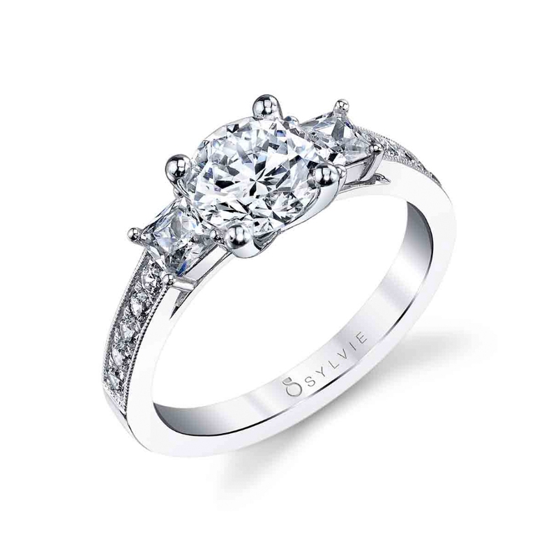 Round Cut Three Stone Engagement Ring with Princess Side Stones - Eva