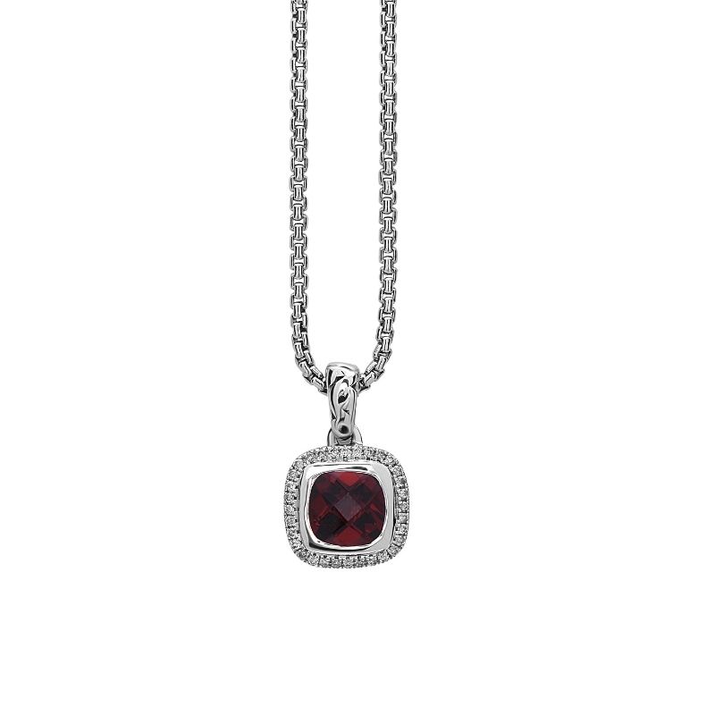 Sterling Silver Pendant 32 Rd Diamonds 1 7X7 Cushion Garnet