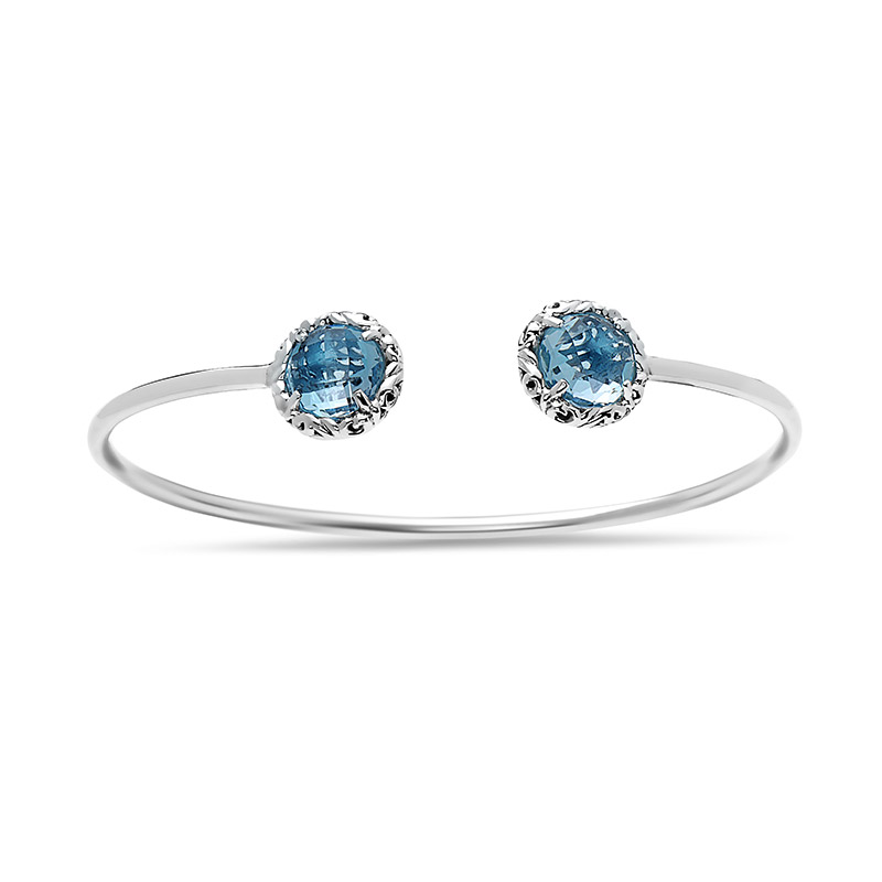 Sterling Silver Bangle Bracelet With 2 Rd Blue Topaz 8Mm