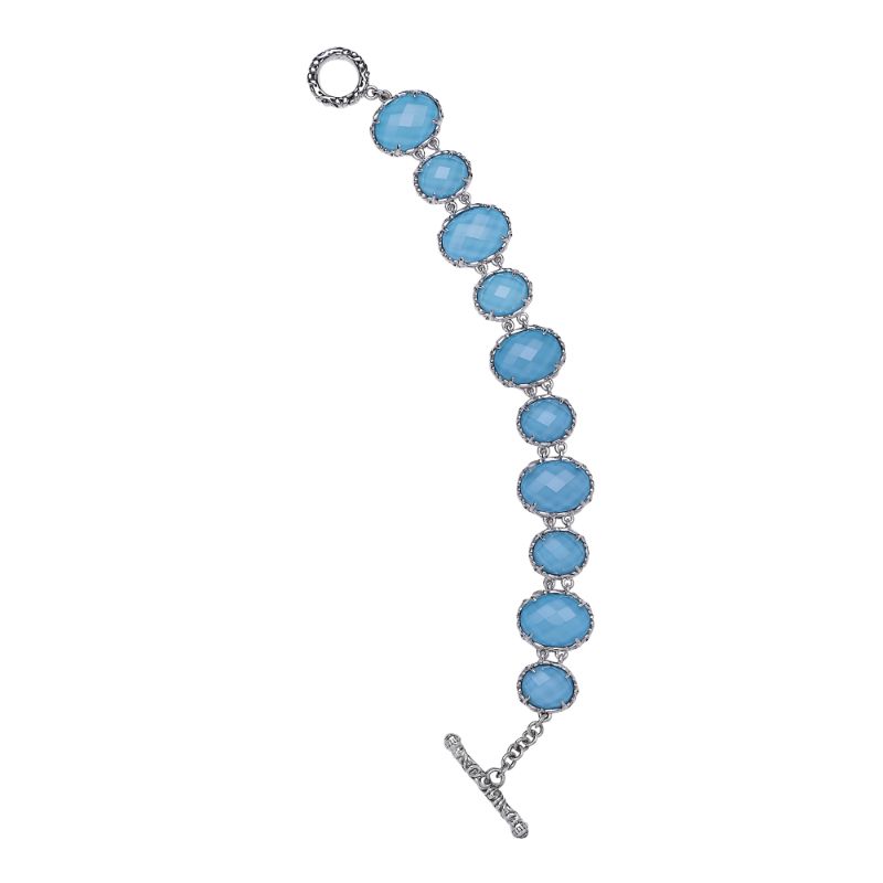 Sterling Silver Bracelet With 6 12X10Mm And 5 16X12Mm Oval Turquoise And Wht Quartz Top