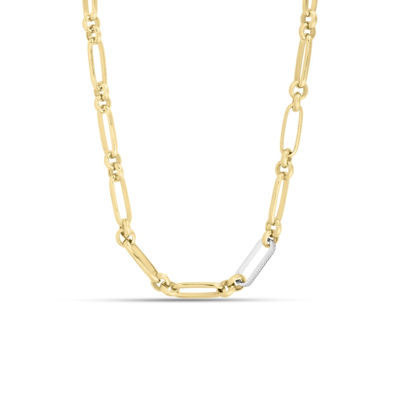 Designer Gold Mixed 18K Yellow and White and Diamond Link Chain Necklace. .38ctw