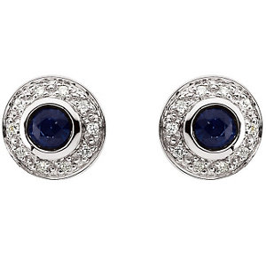 14K White 3.5mm Round Sapphire & 1/10 CTW Diamond Earrings