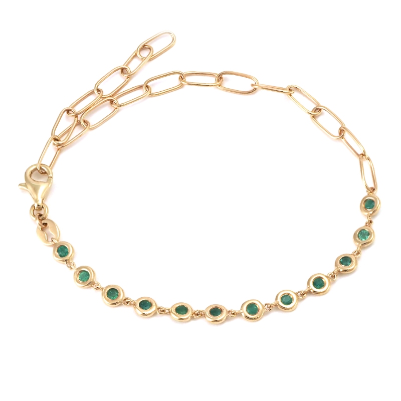 14K BEZEL SET EMERLAD PAPER CLIP BRACELET 6+1