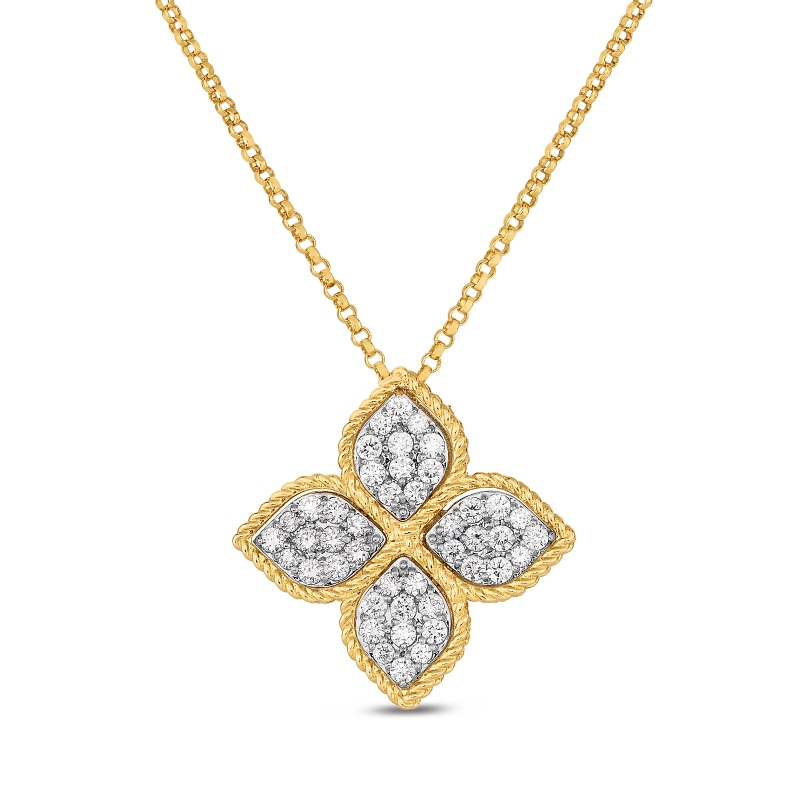 18K YELLOW AND WHITE GOLD PRINCESS DIAMOND FLOWER LARGE PENDANT. .45CT