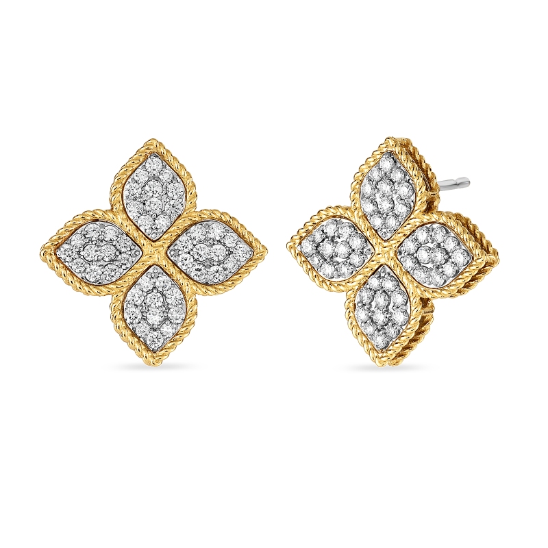 18K YELLOW AND WHITE GOLD PRINCESS FLOWER DIAMOND STUD EARRINGS. .90CT