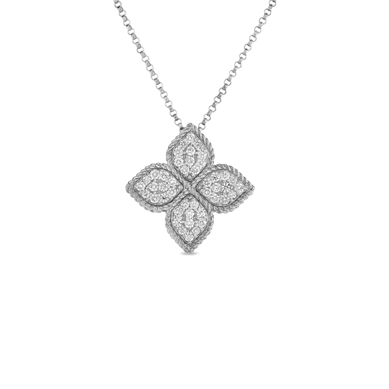 18K WHITE GOLD PRINCESS FLOWER DIAMOND NECKLACE (L). 